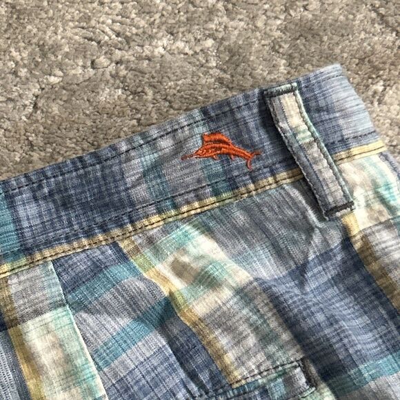 Tommy Bahama Shorts Mens Size 42 Plaid Flat Front Blue White Yellow Linen Silk - Picture 2 of 5